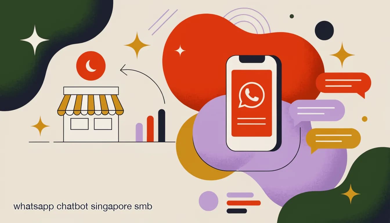 Flat illustration of a Singapore SMB shopfront with a phone screen showing a WhatsApp AI agent automatically answering customer FAQ questions in a chat window, on WhatsApp Chatbot vs AI Agent for Singapore SMBs: A Practical FAQ Automation Setup Guide
