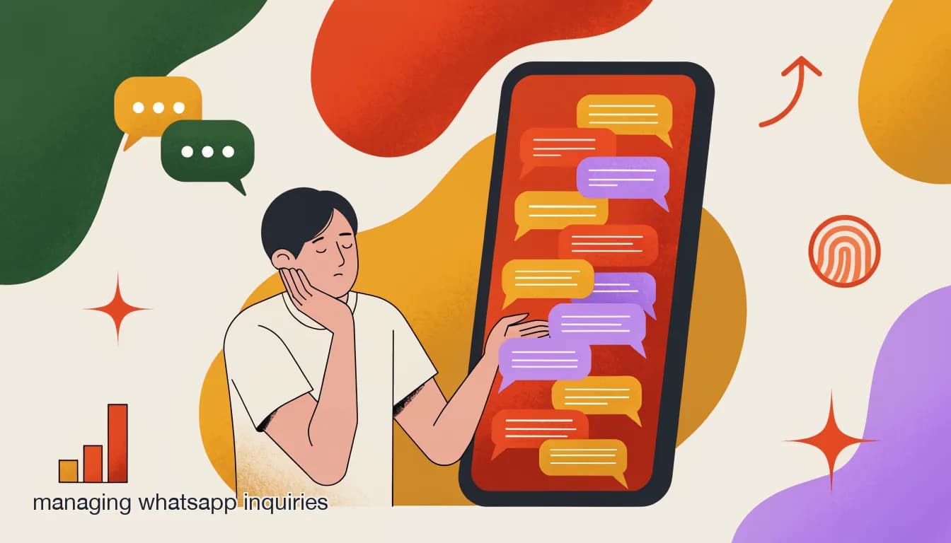 Flat illustration of a Singapore SMB owner overwhelmed by a phone screen overflowing with WhatsApp chat notifications, representing unmanageable WhatsApp inquiry volume, on Why Your Singapore SMB Can't Keep Up With WhatsApp Inquiries (And How to Fix It)