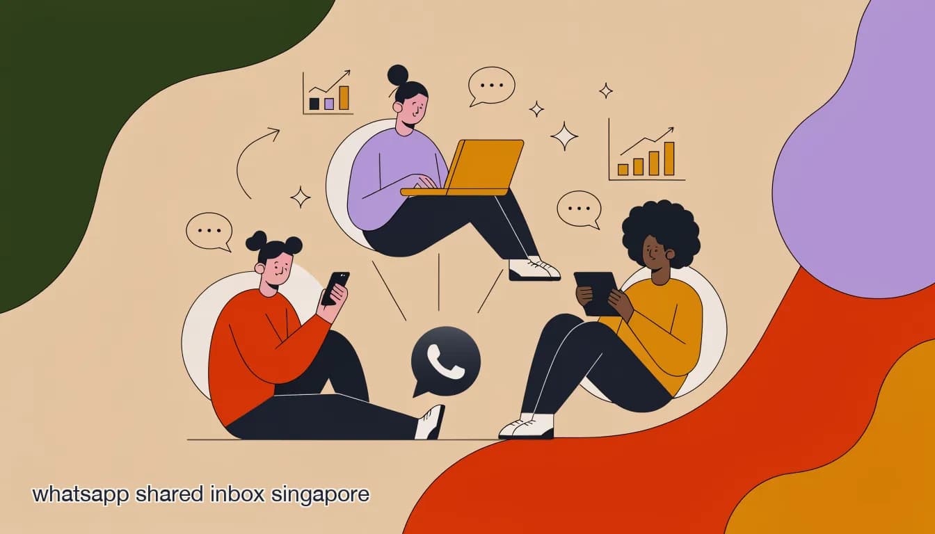 Flat illustration of three team members each on their own devices all connected to a single WhatsApp Business number, representing a shared WhatsApp inbox for Singapore SMBs, on WhatsApp Shared Inbox for Singapore SMBs: How Multi-Agent Teams Handle the Volume
