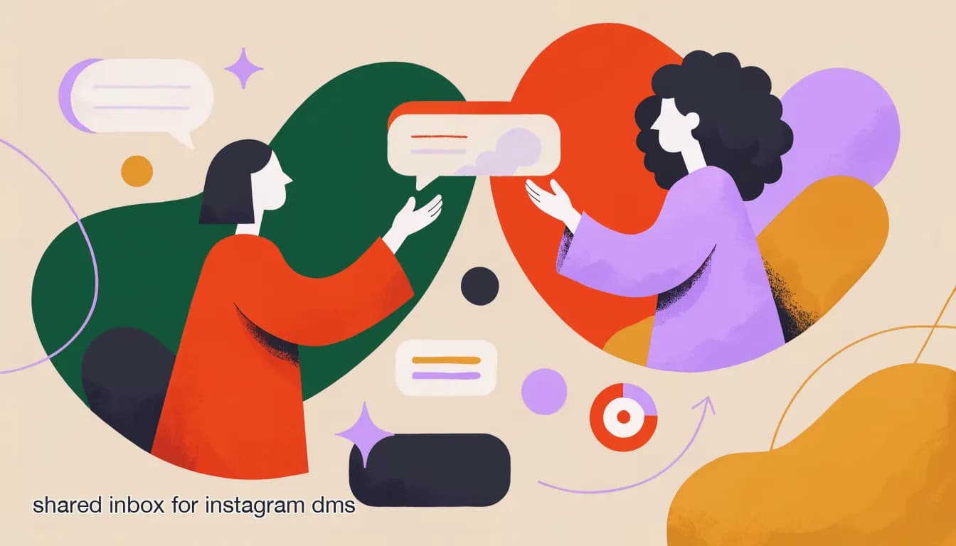 Flat illustration of a shared inbox for Instagram DMs showing two teammates assigned to separate conversations without sharing a login, on Shared Inbox for Instagram DMs: Let Your Team Answer Without Sharing a Password