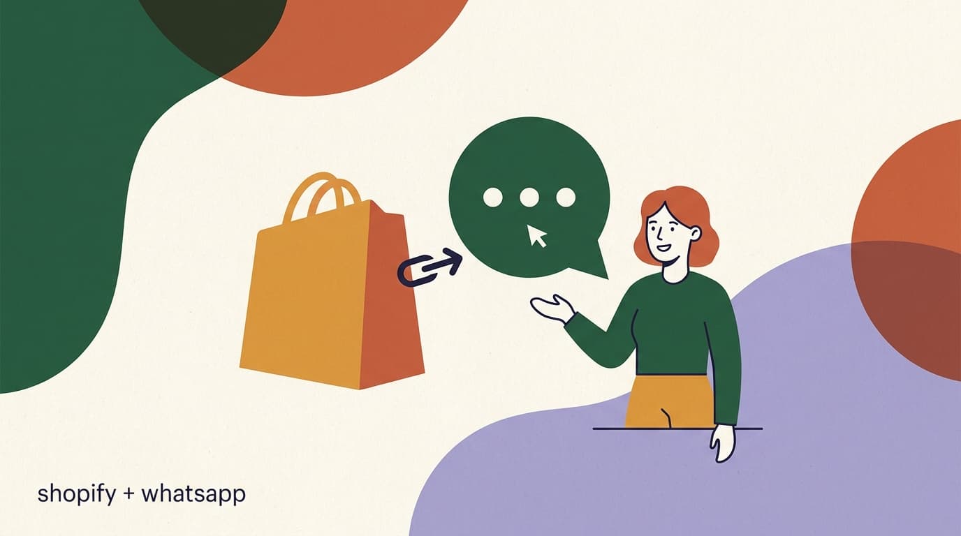 Flat illustration of a shopping bag linked to a green WhatsApp chat bubble, on Shopify and WhatsApp integration