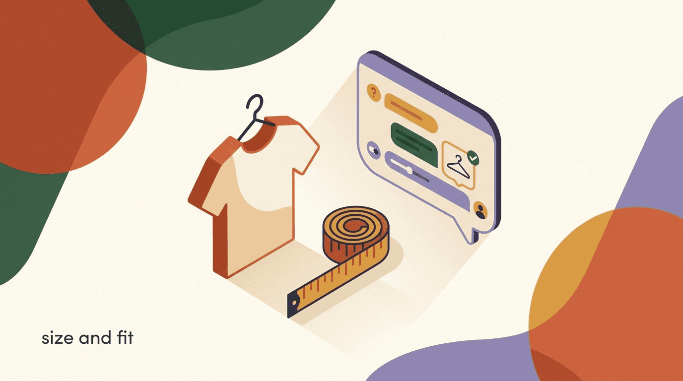 Flat illustration of a size fit chatbot asking a shopper fit questions and suggesting an apparel size next to a fashion D2C product page