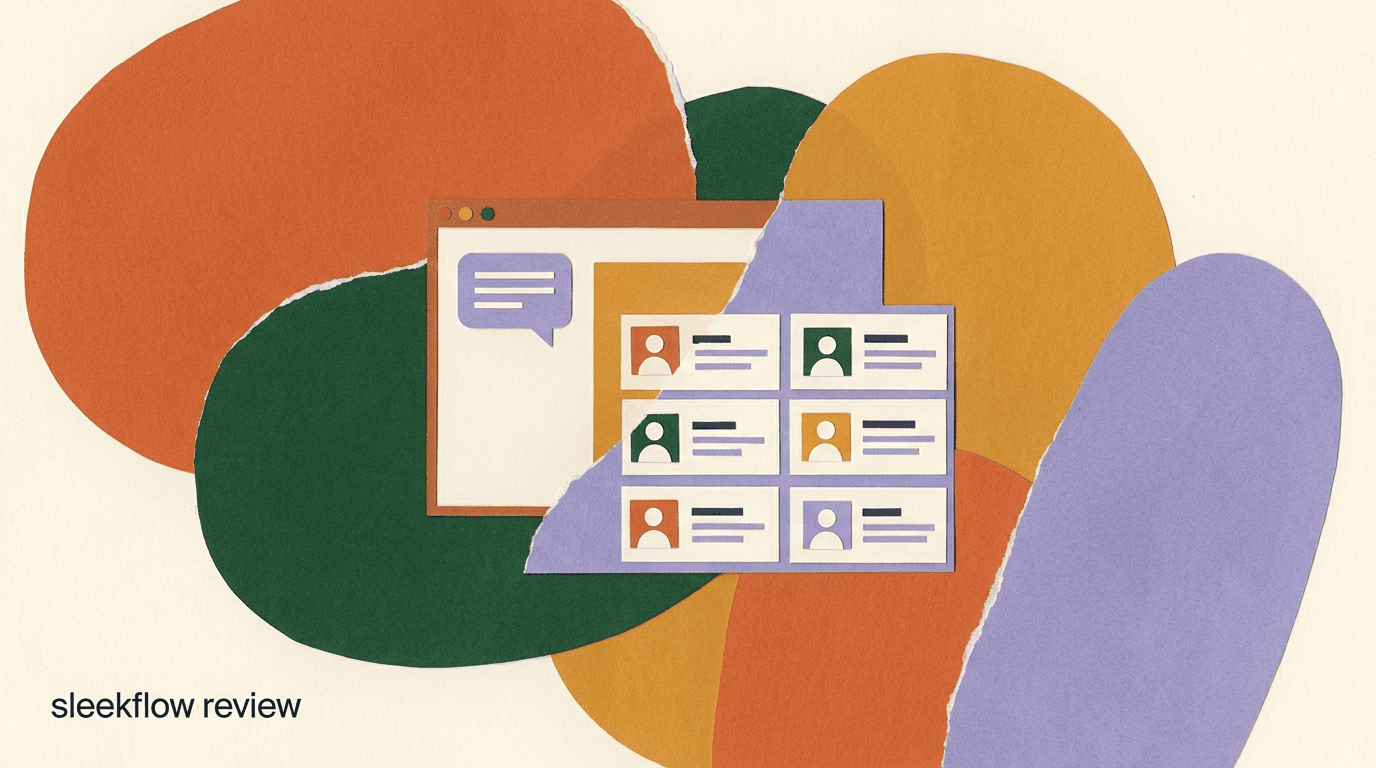 Flat illustration for a SleekFlow review showing a unified inbox connected to a CRM pipeline with WhatsApp and Instagram chat bubbles, with a price meter rising on a Monthly Active Contact billing dial