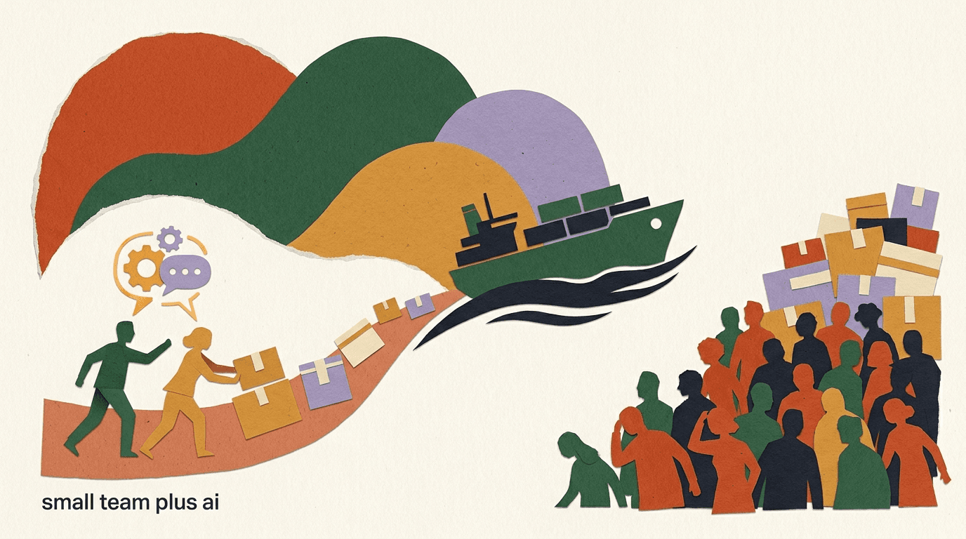 Flat illustration of a two-person team shipping work faster than a large crowded office, showing the small teams AI advantage with AI helpers filling the gaps