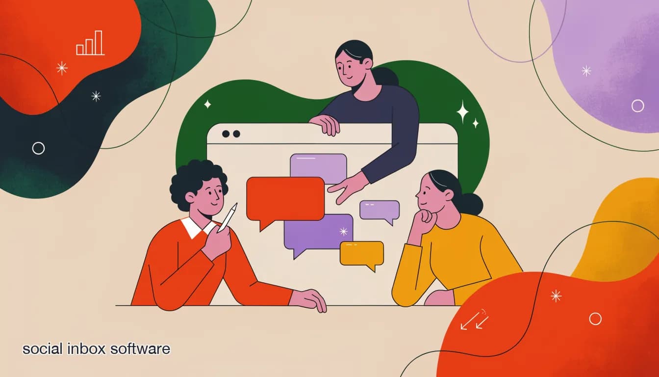 Flat illustration of a small business team gathered around a single shared inbox screen showing messages from Instagram, Facebook, WhatsApp, and Telegram, on Social Inbox Software for Small Business: A 2026 Buyer's Guide