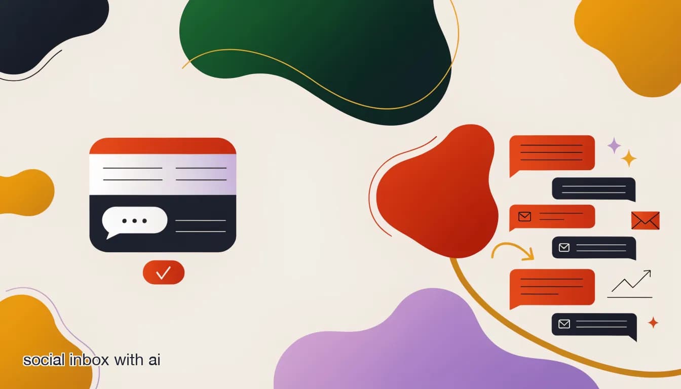 Flat illustration of a team inbox screen with an AI assistant panel suggesting a reply draft next to a customer conversation thread, on Social Inbox With AI: Answer, Draft, and Summarize in One Place
