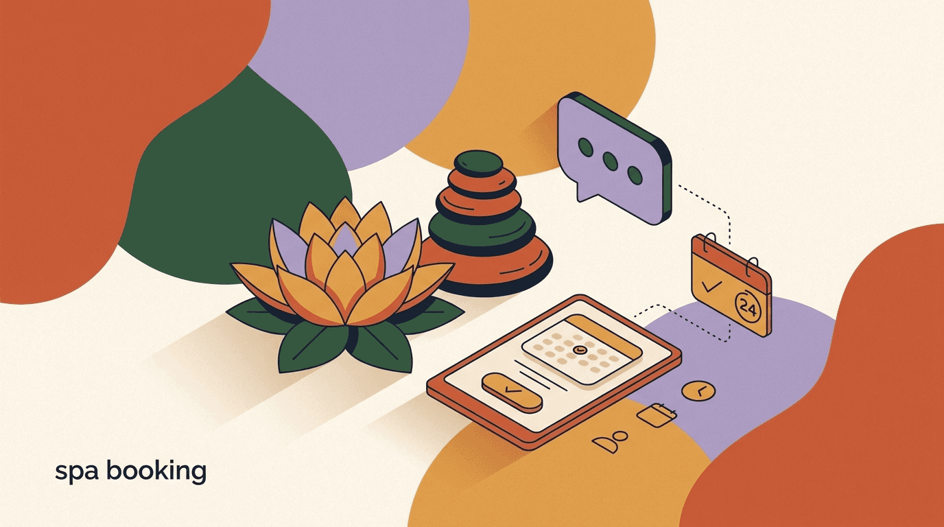 Flat illustration of a calm spa reception with WhatsApp and Instagram chat bubbles booking a massage, representing spa booking automation