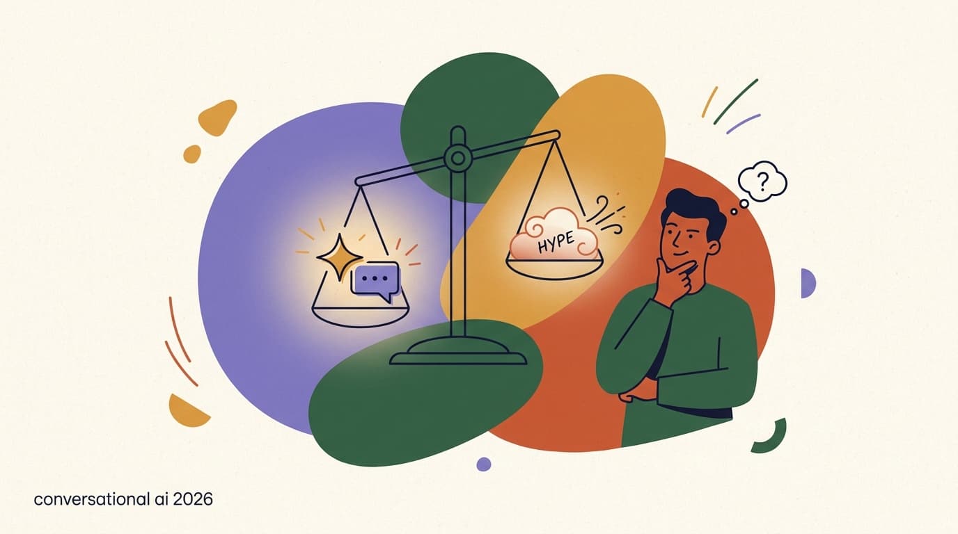 Flat illustration weighing an AI spark against hype on a scale, on the state of conversational AI in 2026