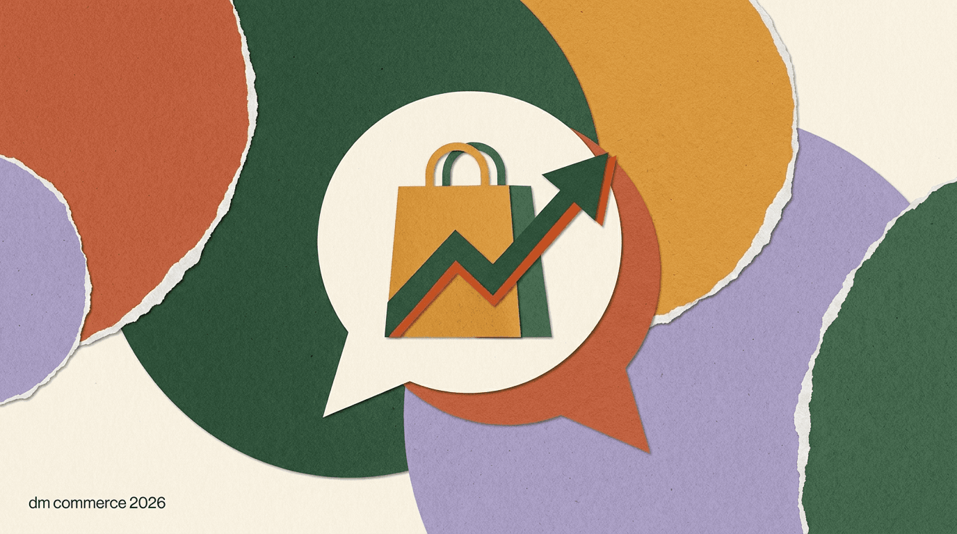 Flat editorial illustration of chat bubbles, a shopping cart, and messaging app icons connected in a flow, representing DM commerce 2026 across WhatsApp and Instagram