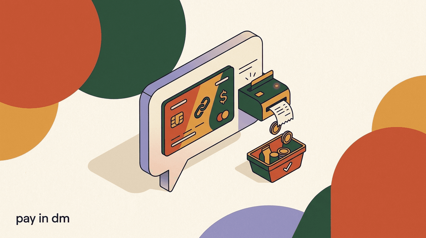 Flat illustration of a chat bubble handing off to a Stripe checkout card, showing a Stripe DM payment integration inside a messaging flow