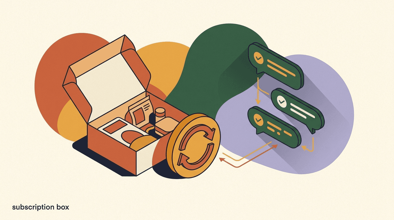 Flat illustration of a subscription box on a doorstep with WhatsApp chat bubbles showing shipment and renewal updates, on subscription box WhatsApp retention