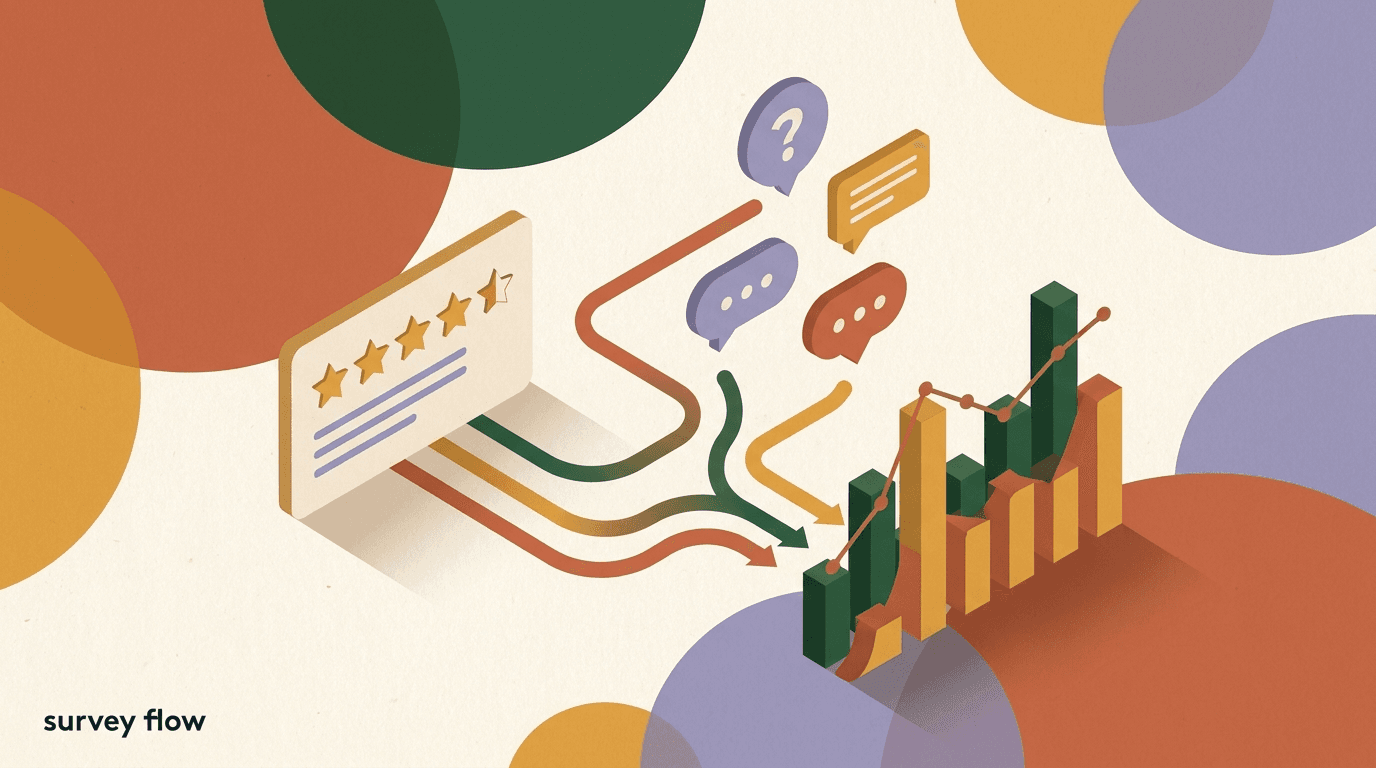 Flat illustration of a chat survey feedback flow with rating buttons, score branches, and tagged responses inside message bubbles