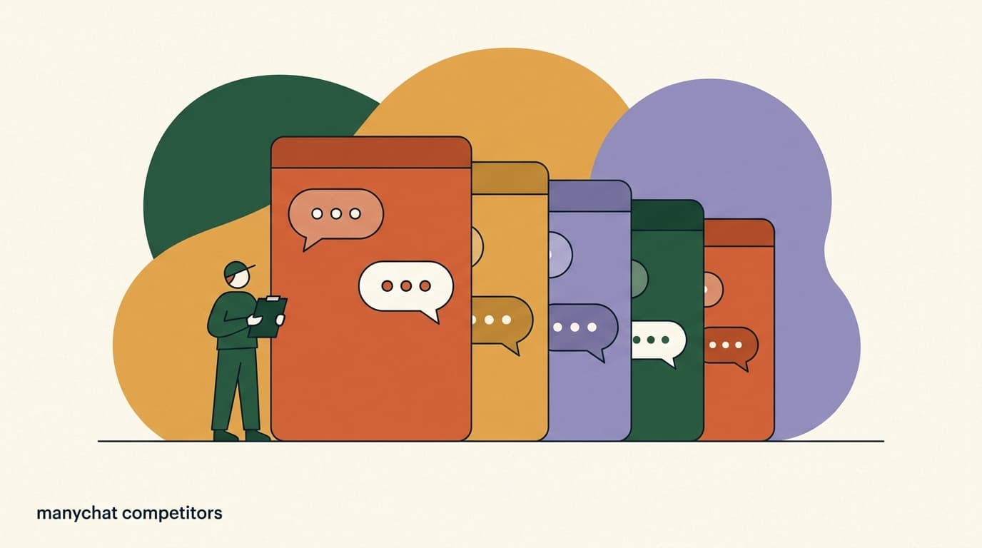 Flat illustration of a lineup of chat-app cards with one highlighted, on the top 10 ManyChat competitors in 2026
