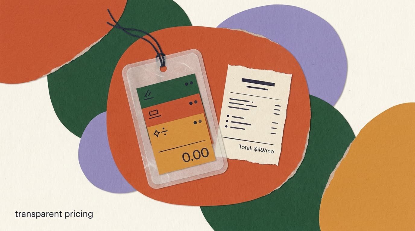 Flat illustration of an open pricing page with every line item visible and no hidden boxes, representing transparent SaaS pricing with no surprise billing