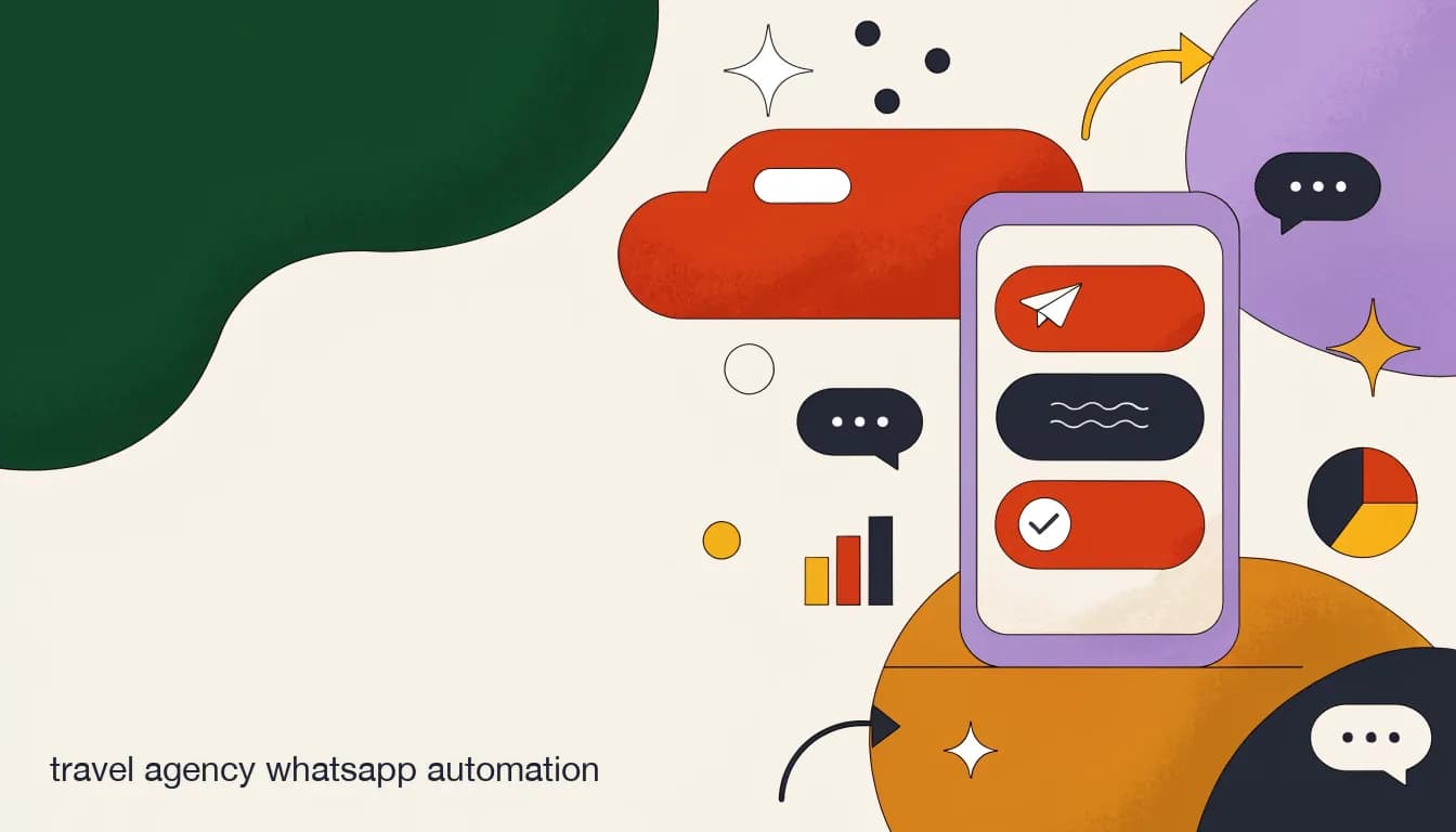 Flat illustration of a travel agency WhatsApp automation workflow showing booking confirmation, pre-departure reminder, and post-trip review messages on a phone timeline, on The Complete Guide to WhatsApp Automation for Travel Agencies