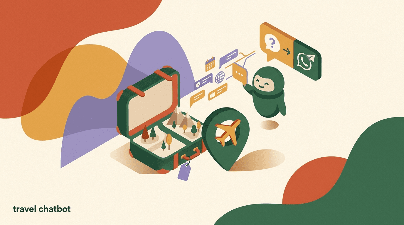 Flat illustration of a travel chatbot on WhatsApp handling a trip booking inquiry, with a map, plane, and chat bubbles showing a quote