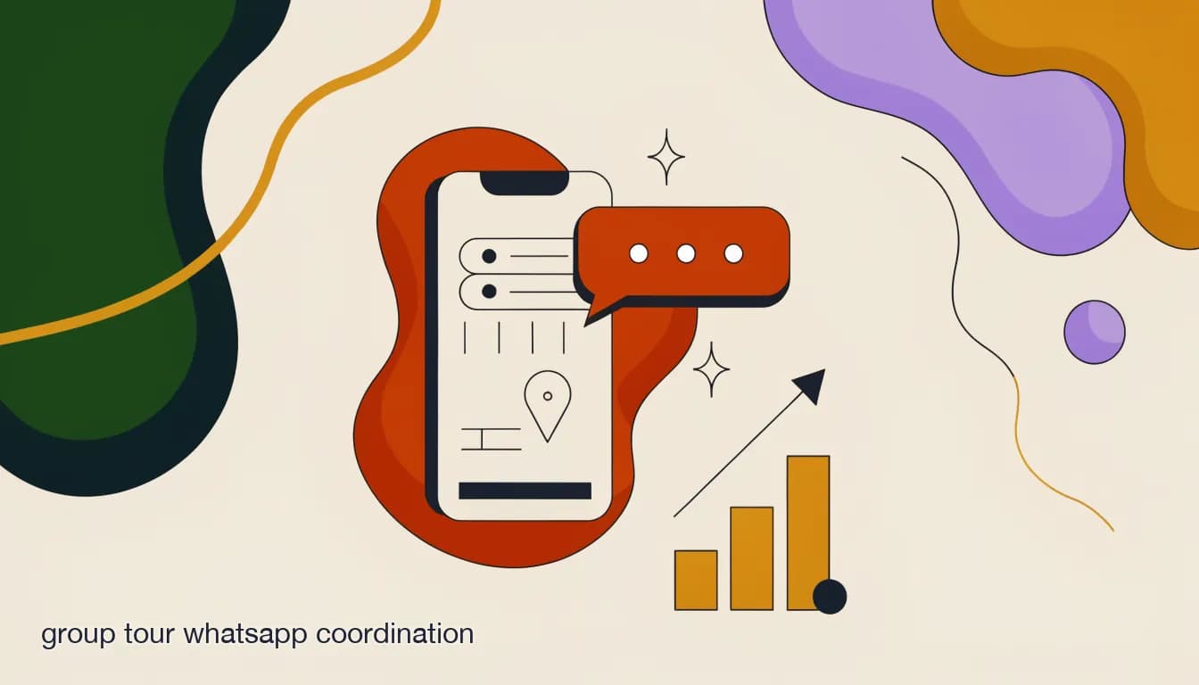 Flat illustration of Tour operator sending a segmented WhatsApp broadcast to group travelers showing departure logistics and pickup times on a mobile screen, on Coordinating Group Tours on WhatsApp Without Losing Your Mind