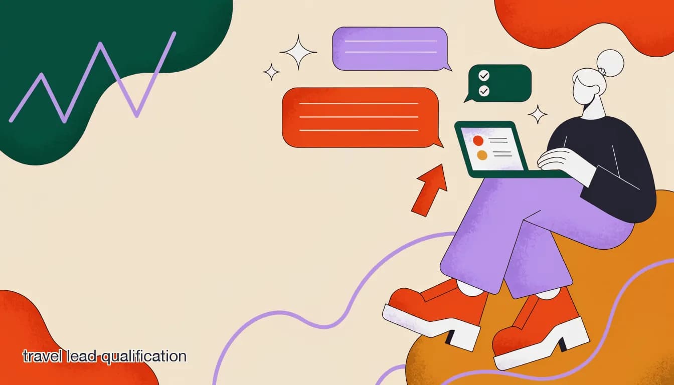 Flat illustration of Travel agent reviewing qualified lead intake answers on a laptop with chat bubbles showing travel agency qualifying questions in Instagram DM, on How to Qualify Travel Leads Automatically Before You Send a Quote