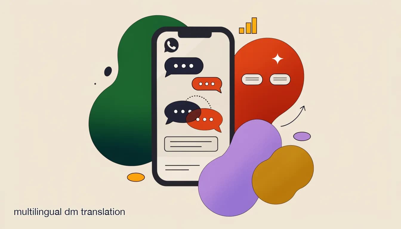 Flat illustration of a travel agent's phone showing a WhatsApp chat auto-translating between two languages, on How to Handle Multilingual Travel Inquiries Without Losing the Booking