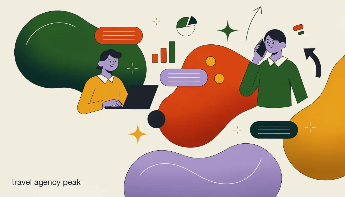 Flat illustration of Travel agency team managing a peak-season booking surge using automated chat triage across Instagram, WhatsApp, and Facebook channels, on How Travel Agencies Handle Peak-Season Inquiry Surges Without Hiring