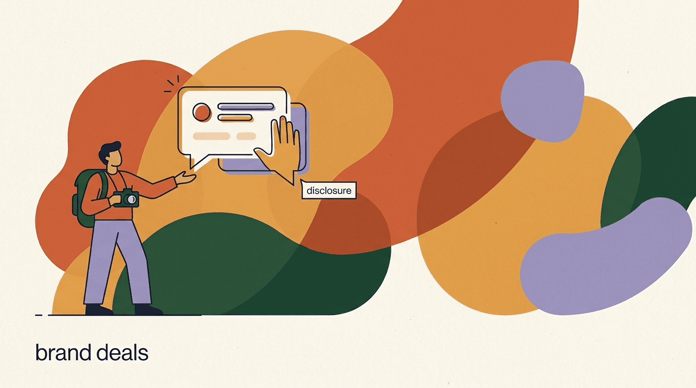 Flat illustration of a UGC creator sending brand deal DMs from a phone with chat bubbles and a signed contract, on UGC creator brand deals