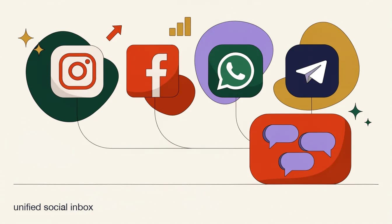 Flat illustration of multiple social app icons — Instagram, Facebook, WhatsApp, Telegram — flowing into a single unified inbox screen, on What Is a Unified Social Inbox? (And Why Small Teams Need One)