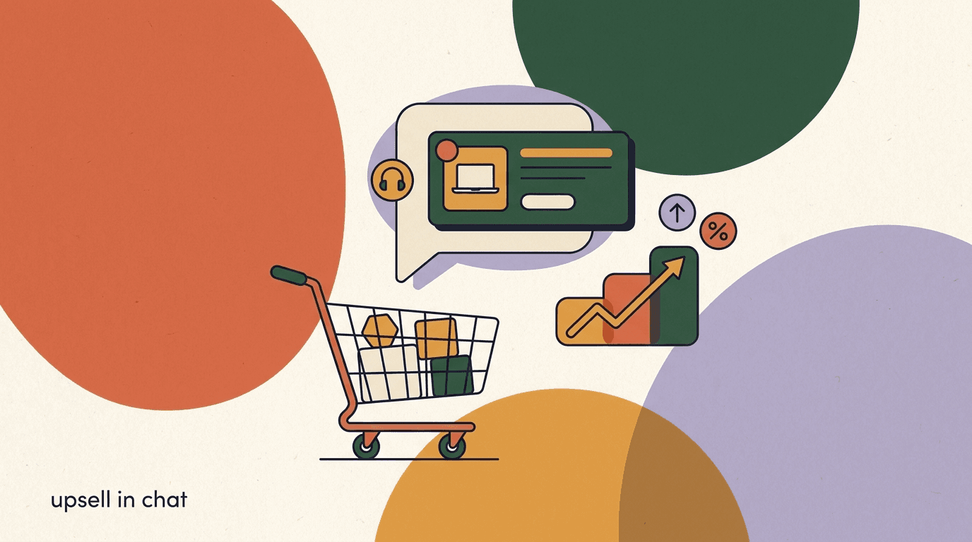 Flat illustration of an upsell cross-sell chat conversation showing a product recommendation bubble next to a rising average order value chart