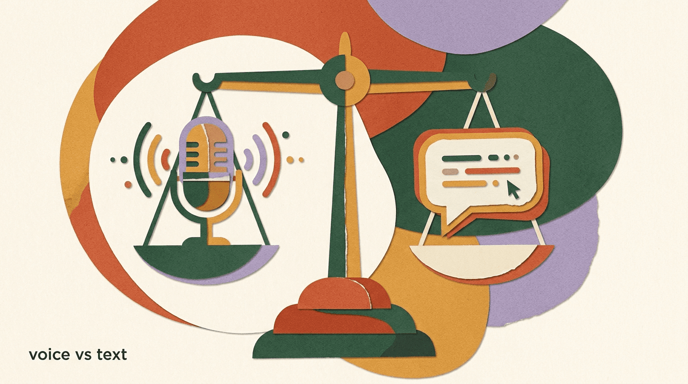 Flat illustration comparing voice AI agents on a phone call against text chat bubbles, showing sound waves and message threads side by side
