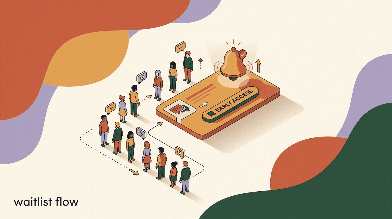 Flat illustration of a phone showing a join-the-waitlist DM conversation with a progress bar filling toward launch day, illustrating a waitlist flow in chat
