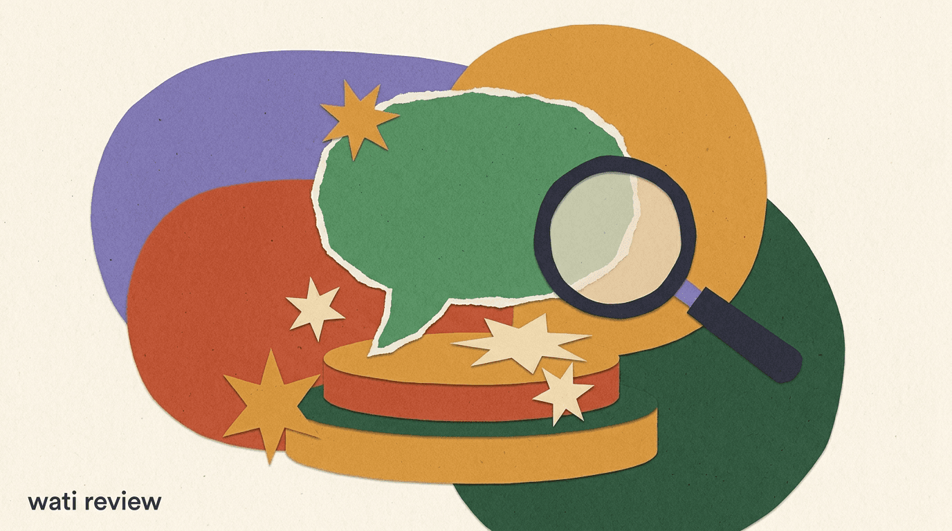 Flat illustration of a WhatsApp chat bubble on a balance scale next to a price tag, illustrating a WATI review of pricing and features in 2026