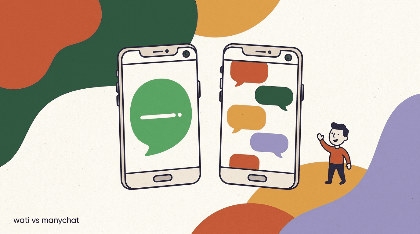 Flat illustration of a single-channel green chat phone beside a multi-channel phone, comparing WATI vs ManyChat