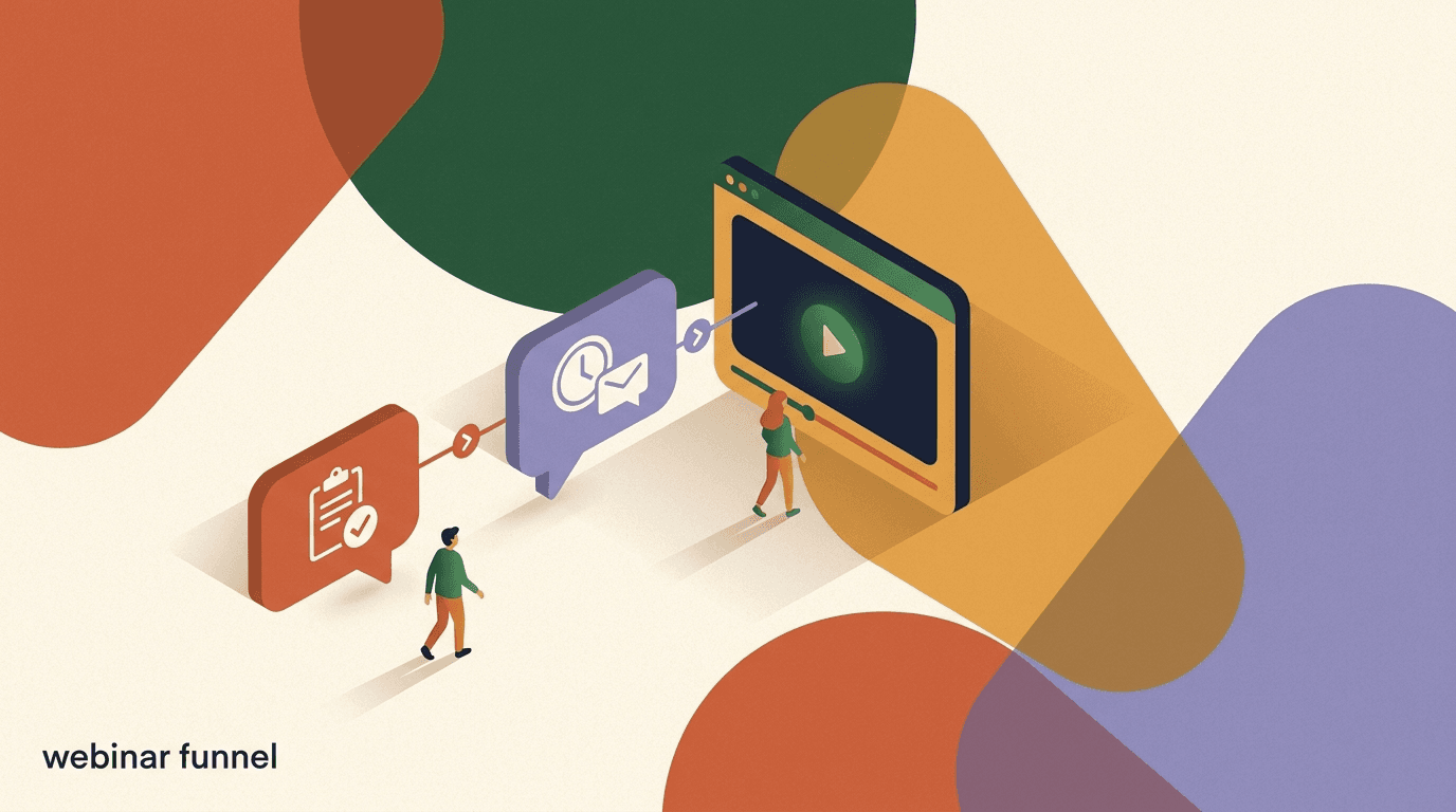 Flat illustration of a creator running a webinar funnel DM flow — a registration chat bubble, a reminder clock, and a join-link message connected in sequence