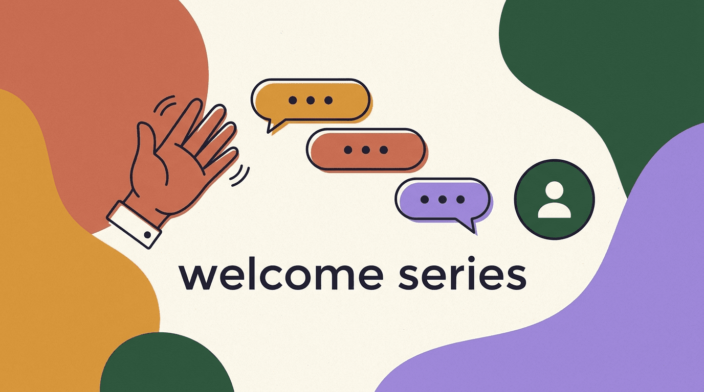 Flat illustration of a phone showing a welcome DM sequence of chat bubbles greeting a new subscriber, with a friendly wave icon