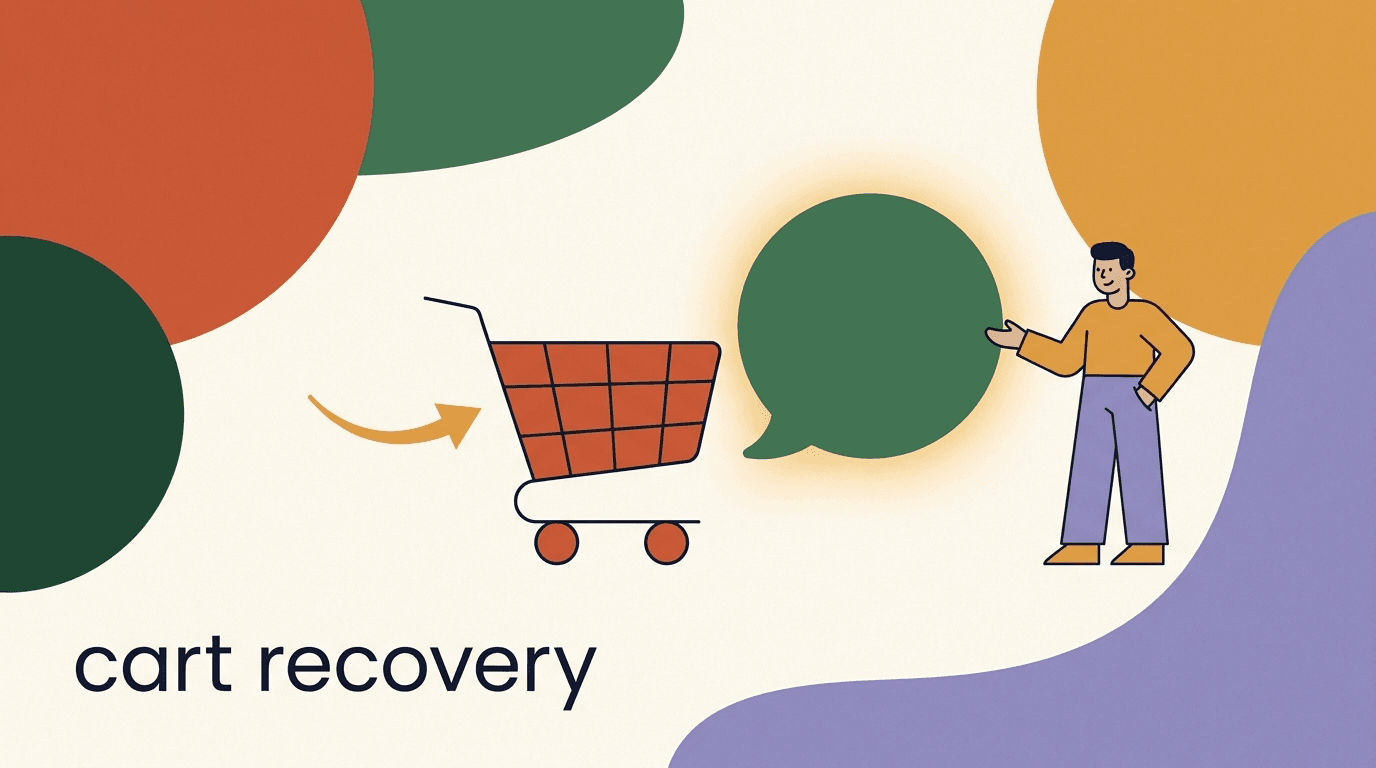 Flat illustration of a chat bubble returning an abandoned shopping cart, on WhatsApp abandoned cart recovery