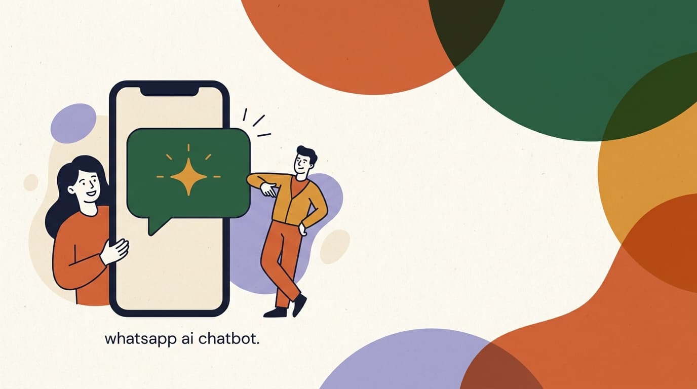 Flat illustration of a phone with a green chat bubble and an AI spark, on building a WhatsApp AI chatbot