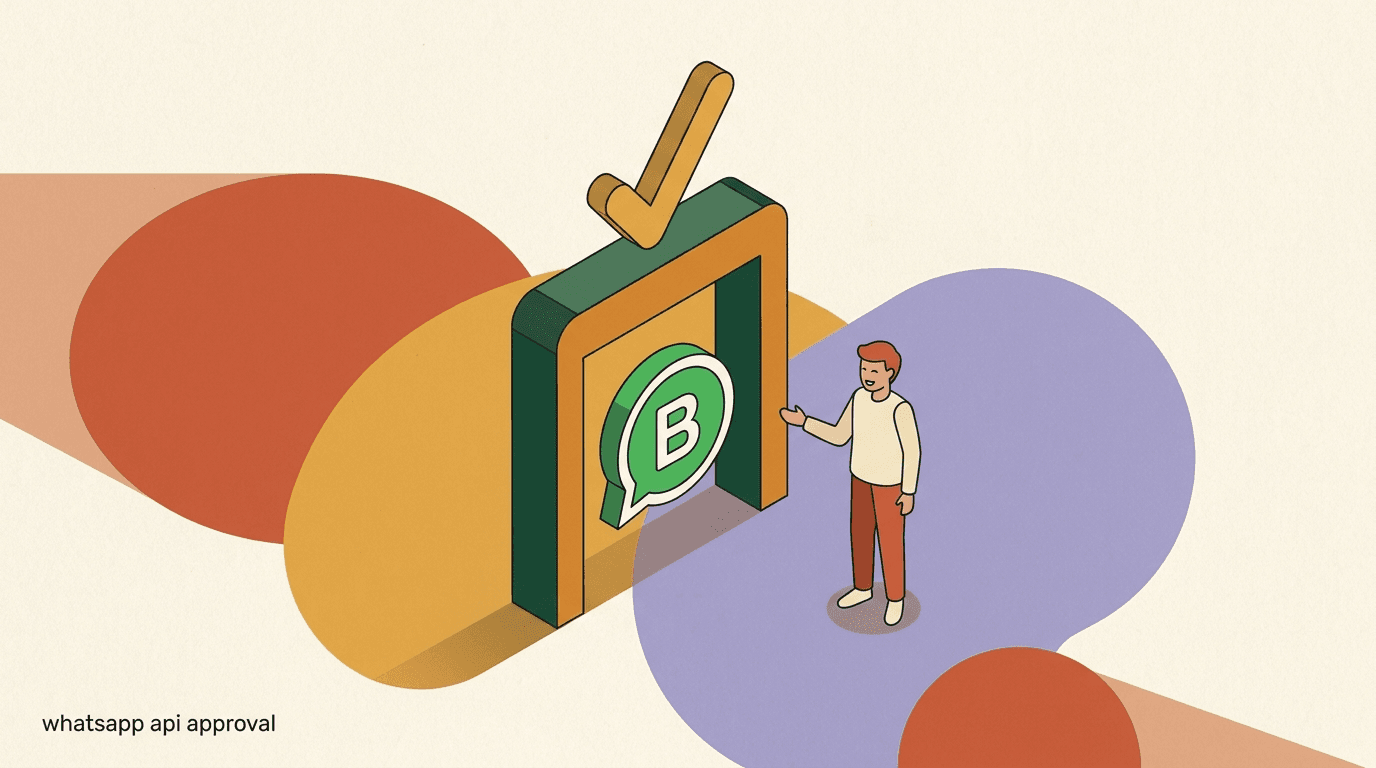 Flat illustration of a checklist, a verified business badge, and a WhatsApp chat bubble representing WhatsApp Business API approval in 2026