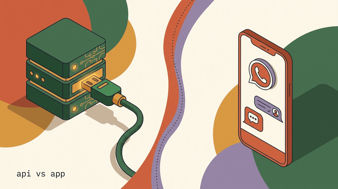 Flat illustration comparing WhatsApp Business API vs app — a single phone beside a connected server with multiple agents and chat bubbles