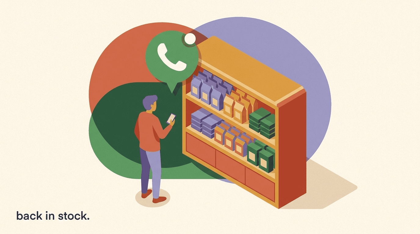 Flat illustration of a shopper receiving a WhatsApp back-in-stock alert on a phone next to a restocked product shelf, on automating restock notifications