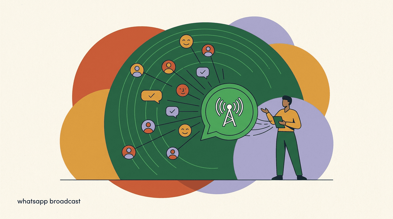 Flat illustration of a WhatsApp broadcast fanning one message out to many segmented phone contacts, with quality-rating and messaging-limit gauges, on WhatsApp broadcast in 2026