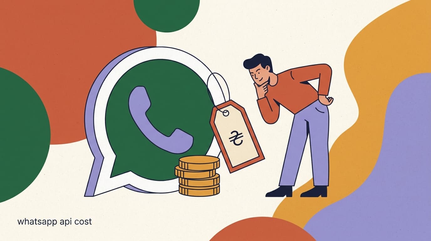 Flat illustration of a green WhatsApp chat bubble beside coins and a price tag, on WhatsApp Business API cost in 2026