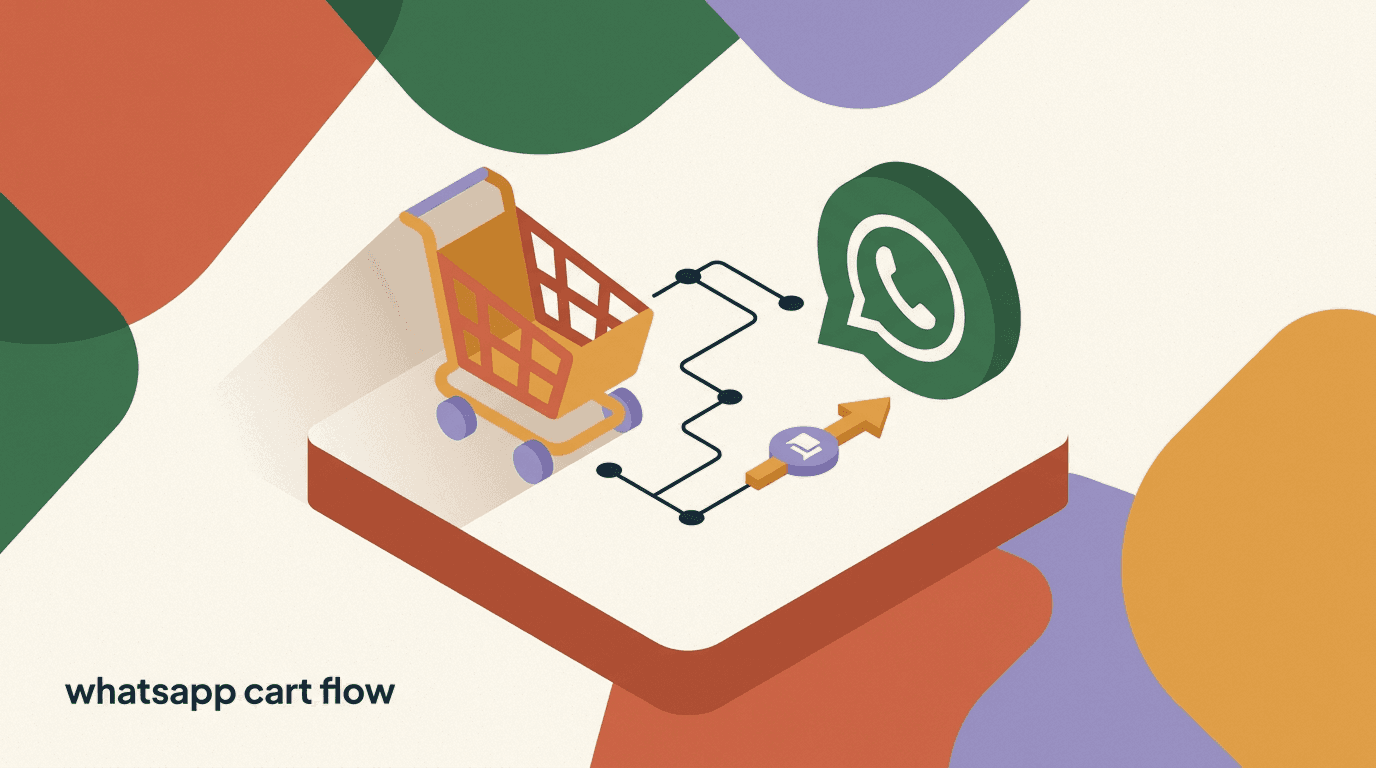 Flat illustration of a WhatsApp cart flow on a phone screen — a shopping cart, three timed message bubbles, and a recover-checkout button mapped as connected automation steps