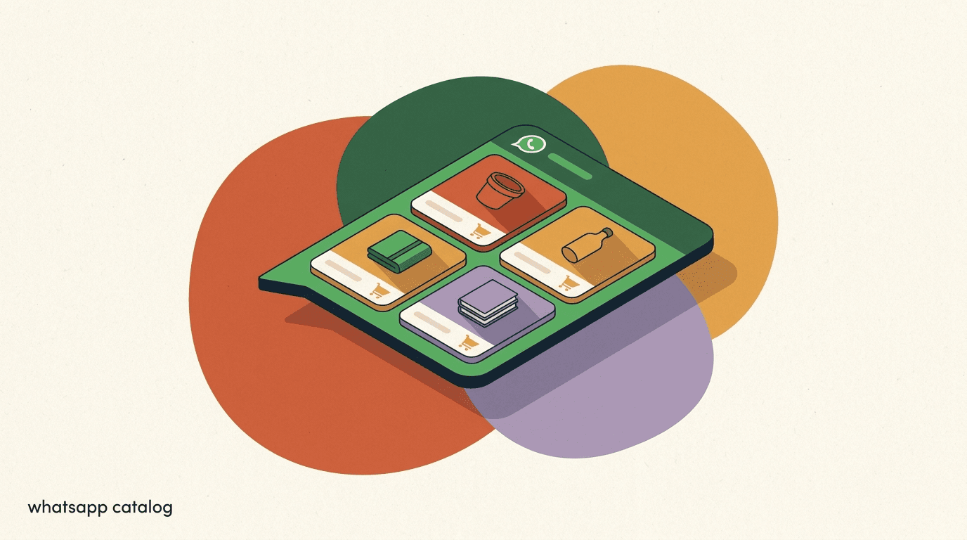 Flat illustration of a phone showing a WhatsApp catalog of products inside a chat, with a shopper tapping an item to buy