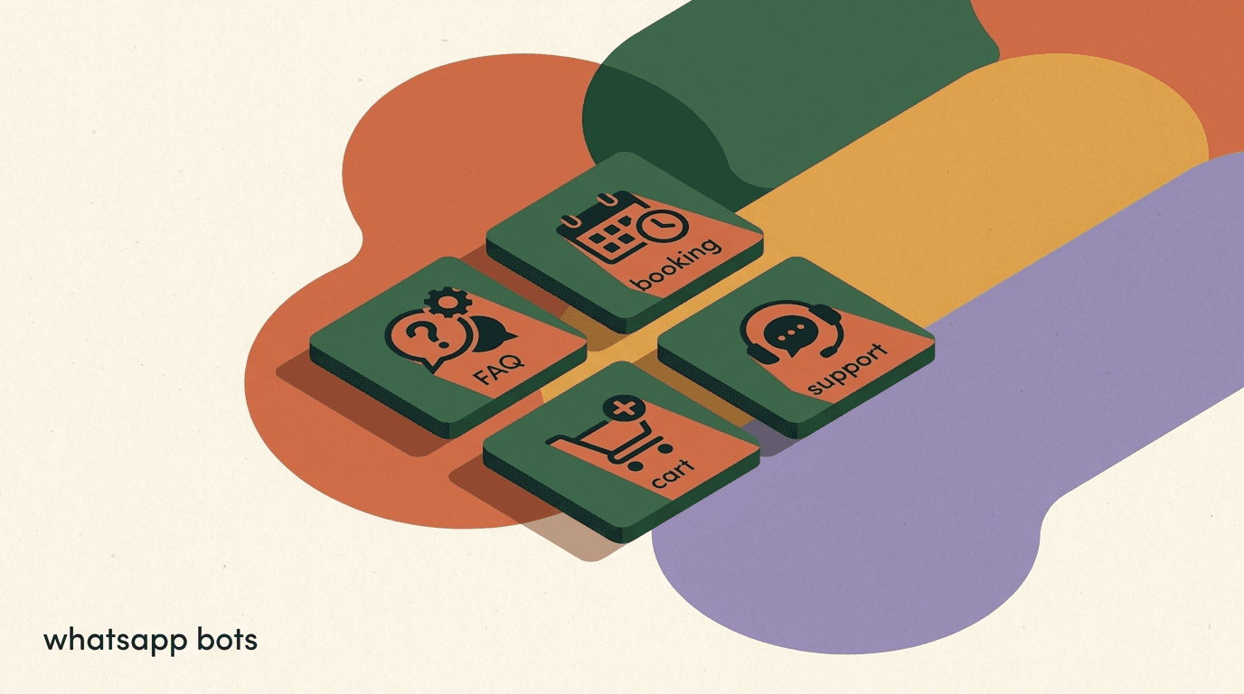 Flat illustration of a phone showing WhatsApp chatbot examples — chat bubbles for booking, order status, and lead capture flows