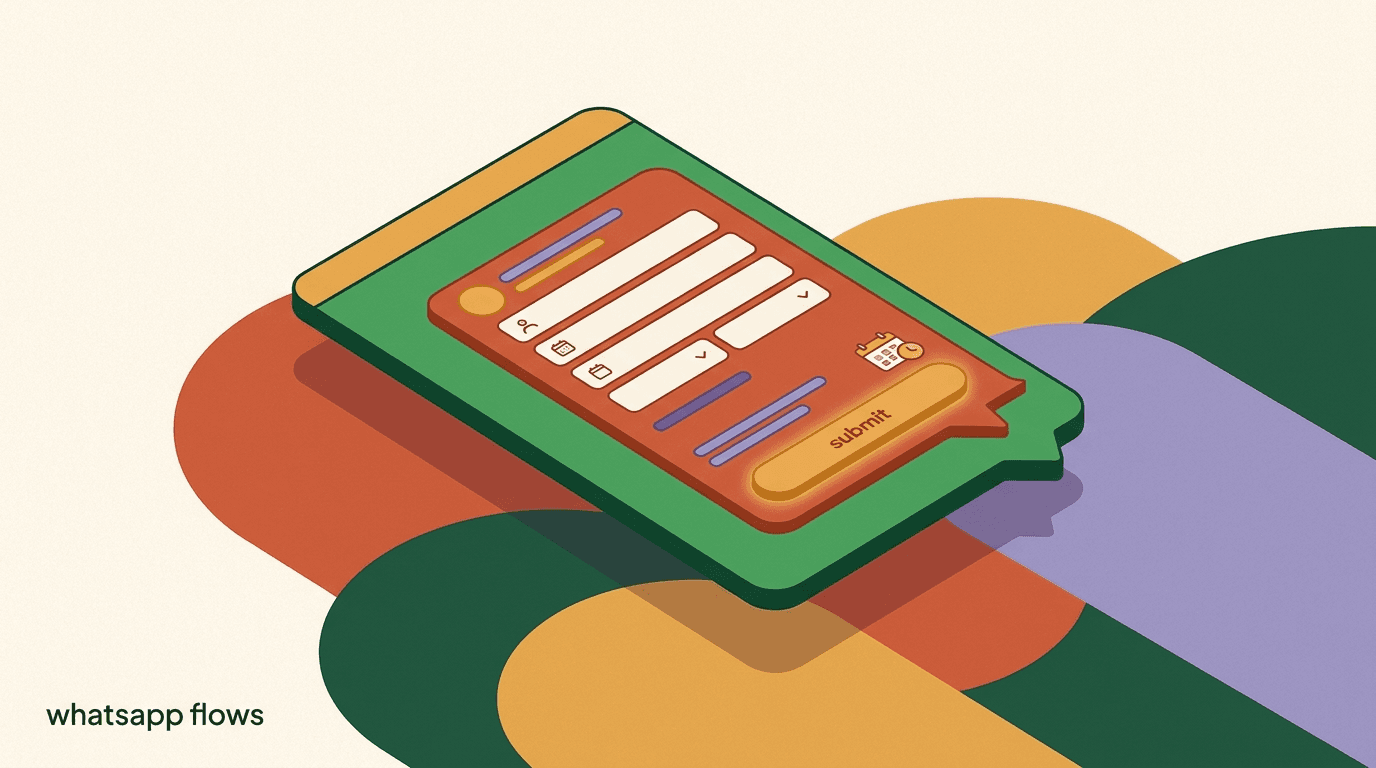 Flat illustration of a phone showing a WhatsApp Flows in-chat form with a date picker and dropdown fields for booking and lead capture