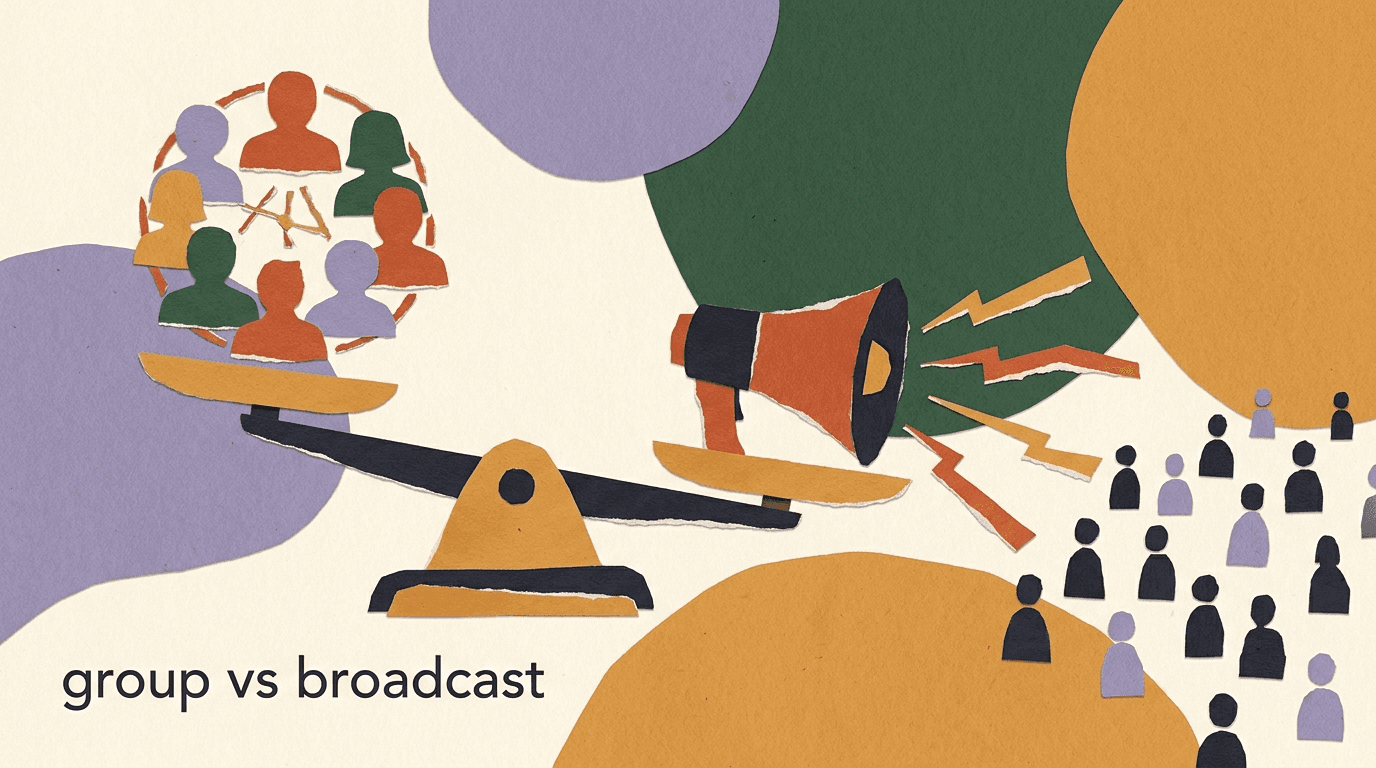 Flat illustration comparing WhatsApp groups vs broadcast for business, with a many-to-many group circle beside a one-to-many broadcast fan of chat bubbles