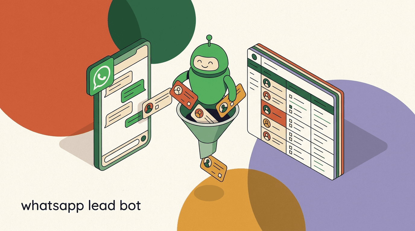 Flat illustration of a WhatsApp lead bot sorting incoming chat bubbles into hot, warm, and cold lanes on a phone screen
