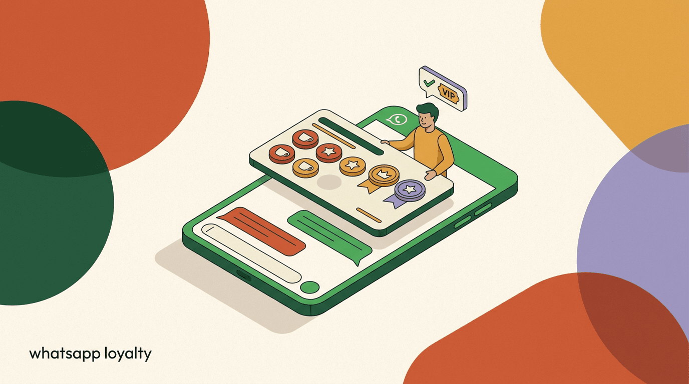 Flat illustration of a WhatsApp loyalty programme: a phone showing chat bubbles, a tiered VIP badge, points counter, and a reward gift, on building loyalty inside WhatsApp