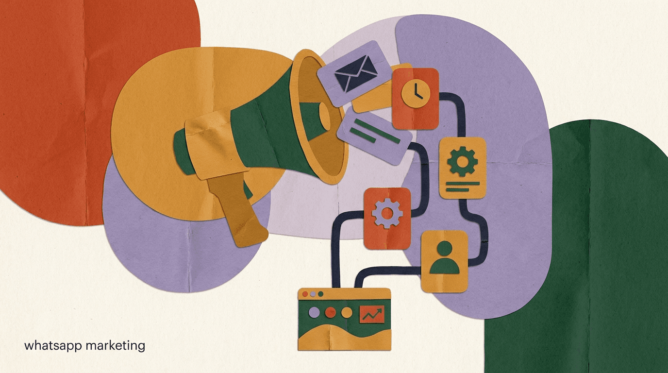 Flat illustration of a buyer comparing WhatsApp marketing automation software dashboards, chat bubbles, and price tags on a laptop