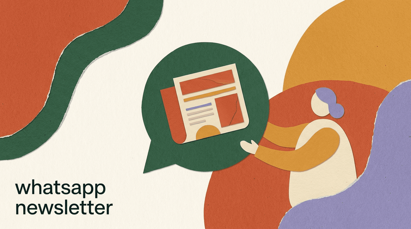 Flat illustration of a phone showing a short, useful WhatsApp newsletter message with a high read rate, beside a quiet email inbox