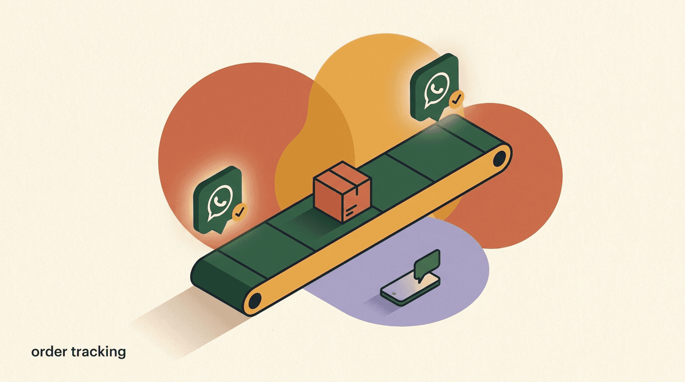 Flat illustration of a phone showing a WhatsApp order tracking conversation with order placed, shipped, and out-for-delivery update messages